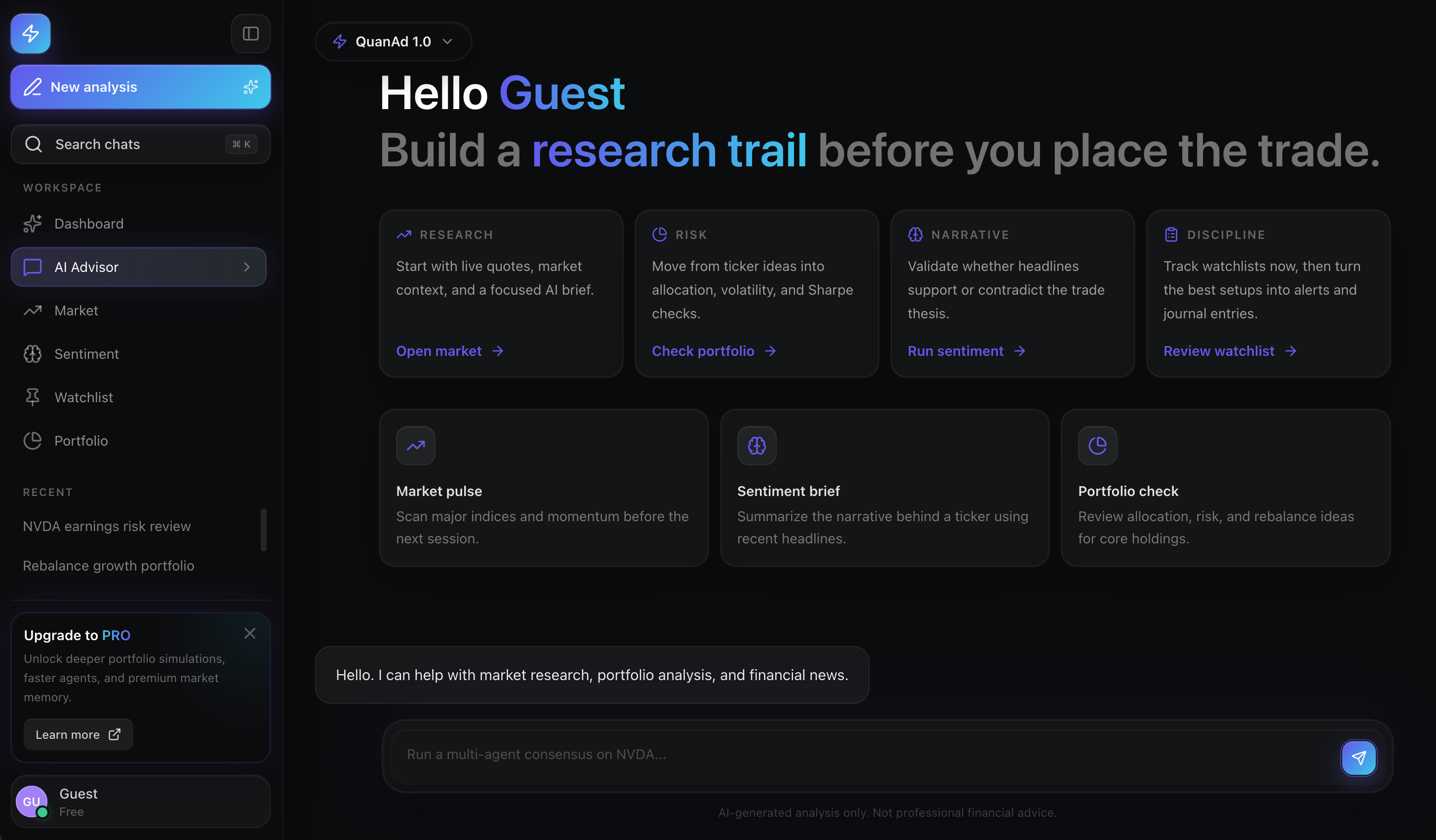 Quanfora research workspace showing an AI-assisted portfolio analysis
